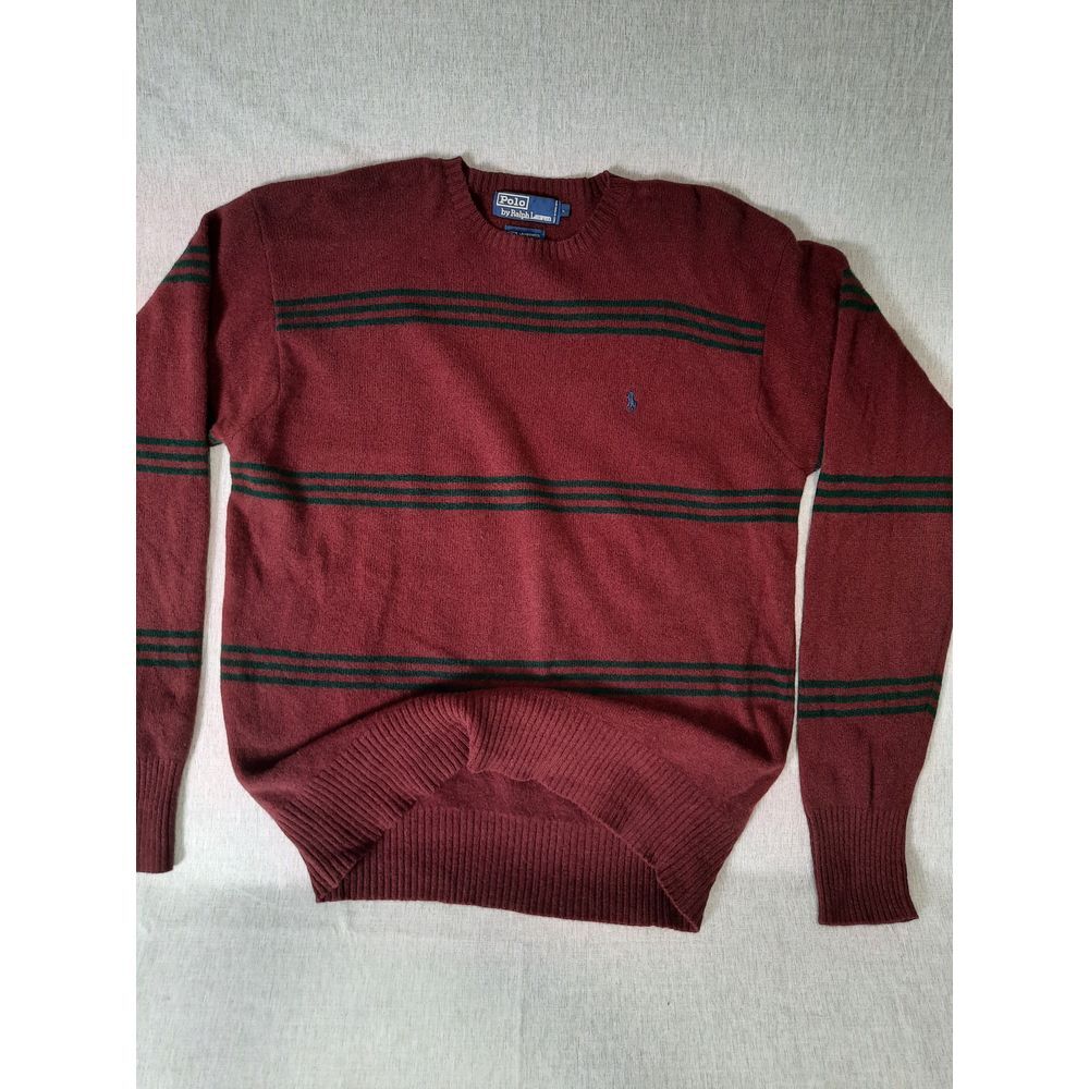 Polo by Ralph Lauren Men's Small Pure Lamb Wool Maroon Stripes  Pullover Sweater